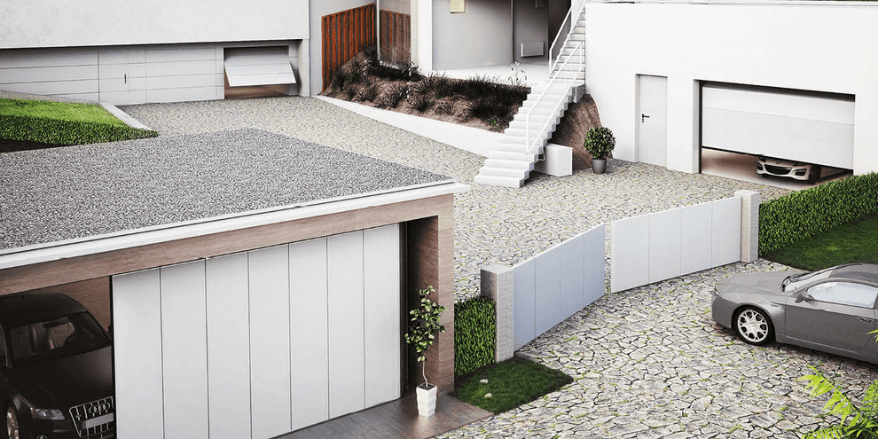 Billede af flere huse, der viser flere indgangssystemer i hvidt